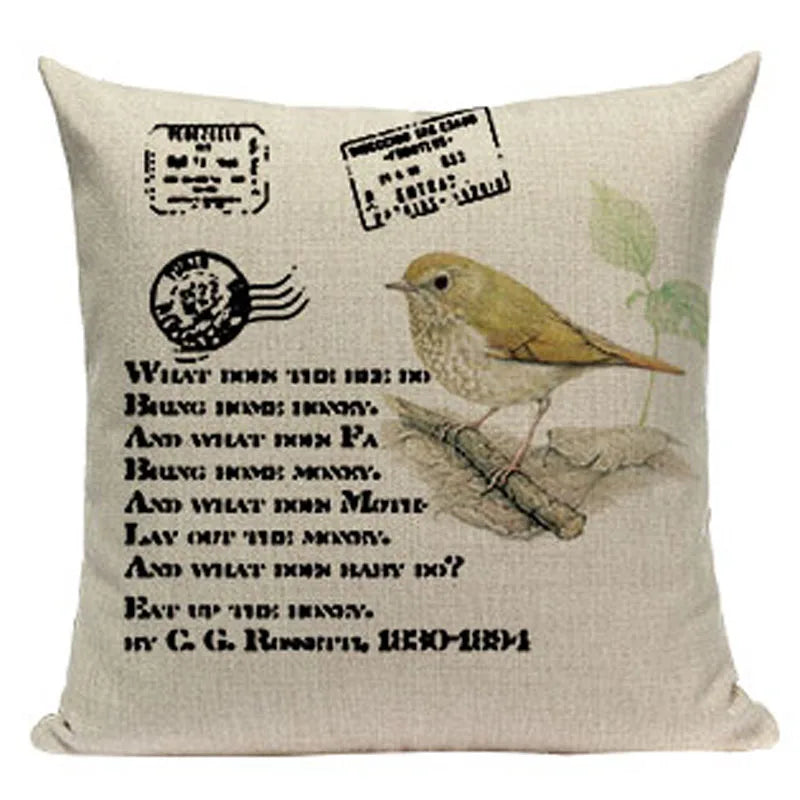 Axyaa Retro Bird Text Flower Cotton Linen Cushion Cover