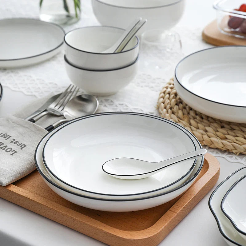 Axya Ceramic Dinnerware Set: Plates, Tray, Bowls - White with Black Edge