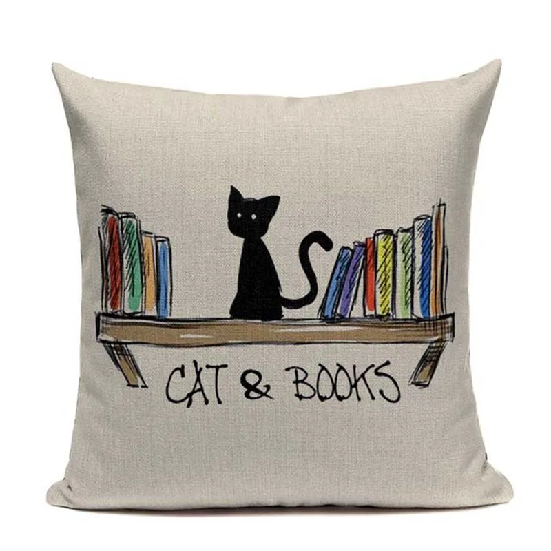 Axyaa Custom Linen Pillowcase for Home Sofa Decor - Cat Happy Reading Book Cover