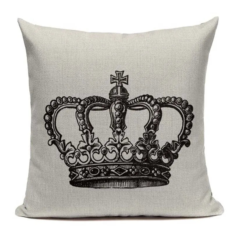 Axyaa Crown Design Cotton Linen Blended Cushion Cover - King Queen Letter Pillowcase