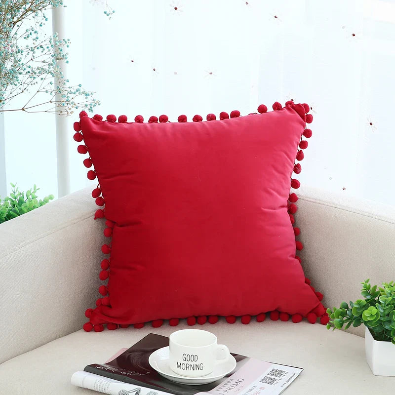 Axyaa Soft Velvet Pompom Ball Pillow Covers in Pink, Red, Blue, Ivory