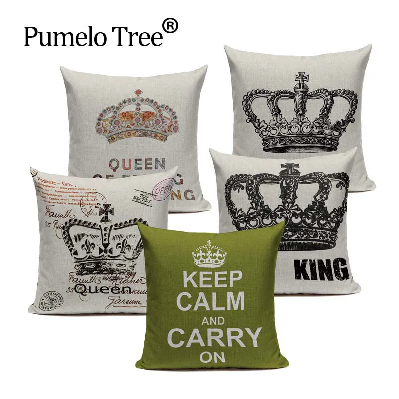 Axyaa Crown Design Cotton Linen Blended Cushion Cover - King Queen Letter Pillowcase