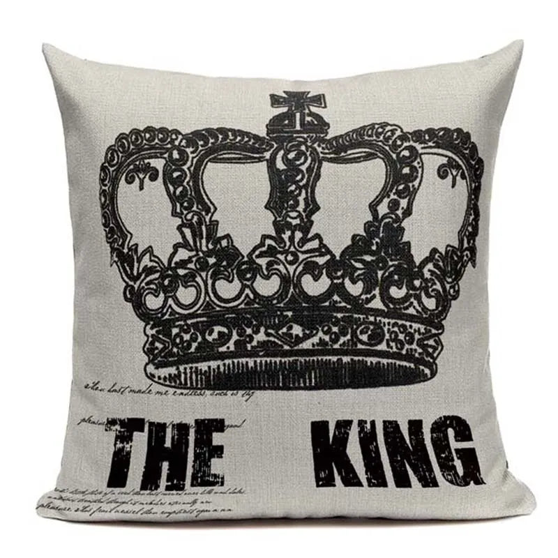 Axyaa Crown Design Cotton Linen Blended Cushion Cover - King Queen Letter Pillowcase