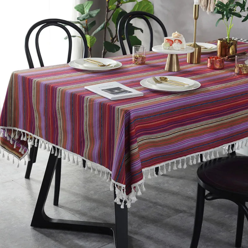 Axya Bohemian Stripe Print Tablecloth with Tassels for Home Kitchen Banquet Table