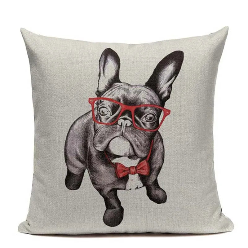 Animal Dog Cushion Cover French Bulldog Pug Pillowcase Woven Linen Decor Home Axyaa