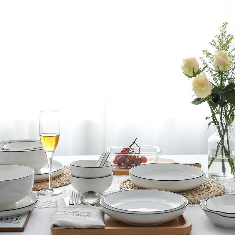 Axya Ceramic Dinnerware Set: Plates, Tray, Bowls - White with Black Edge