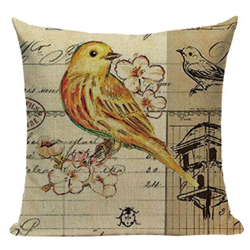 Axyaa Retro Bird Text Flower Cotton Linen Cushion Cover