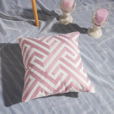 Pink Geometric Embroidered Cushion Cover by Axyaa - 45x45cm Cotton Pillow Case