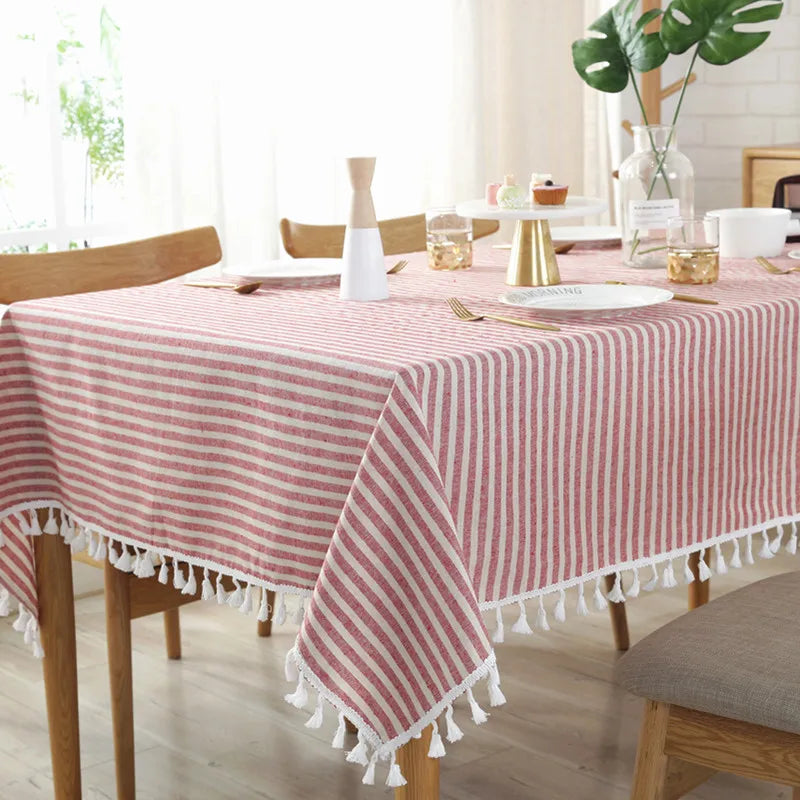 Axya Striped Cotton Linen Tablecloth with Tassels - Quality Dining Table Cover