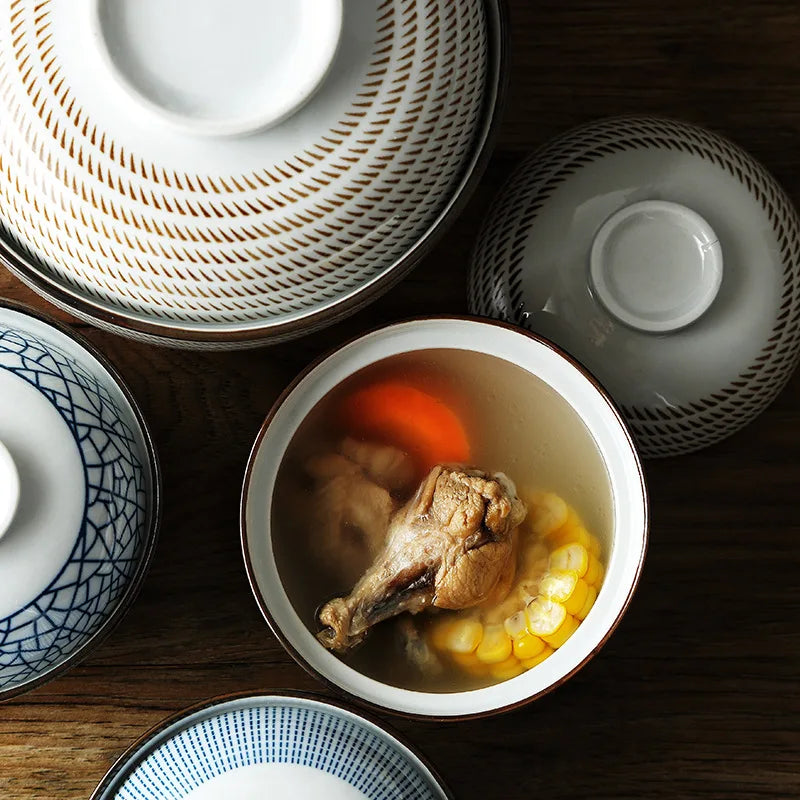 Axya Ceramic Japanese Style Soup Bowl Set - Under Glazed Color, Stew Tureen, 4.5/6.5 inch