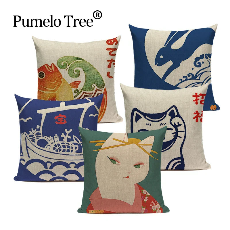 Axyaa Japanese Style Sofa Pillow Cover 45x45cm - Jin Wind and Carp Pattern
