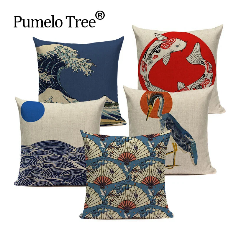 Axyaa Japanese Style Decorative Cushion Covers- Crane Fish Design for Home Decor