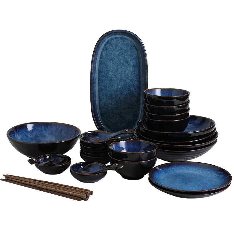 Axya Deep Blue Ceramic Dinner Set for 6: Plates, Bowls, Cups, Sauce Dishes