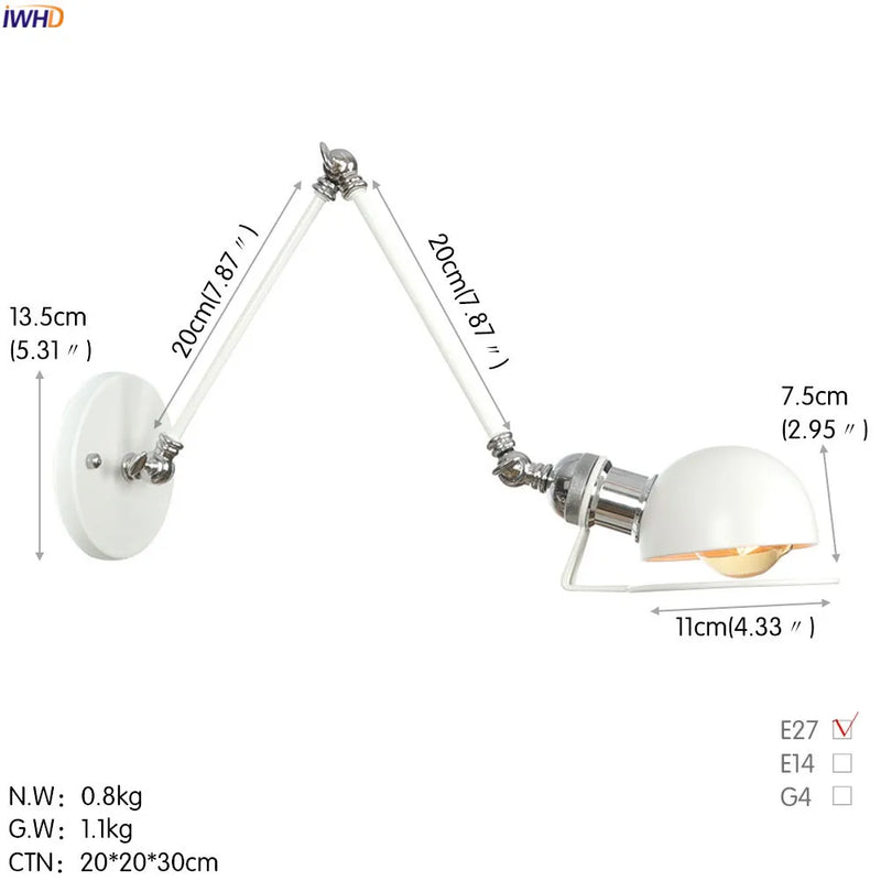 Axyaa White Swing Arm Wall Sconce - Adjustable Bedroom Stair Bathroom Lighting