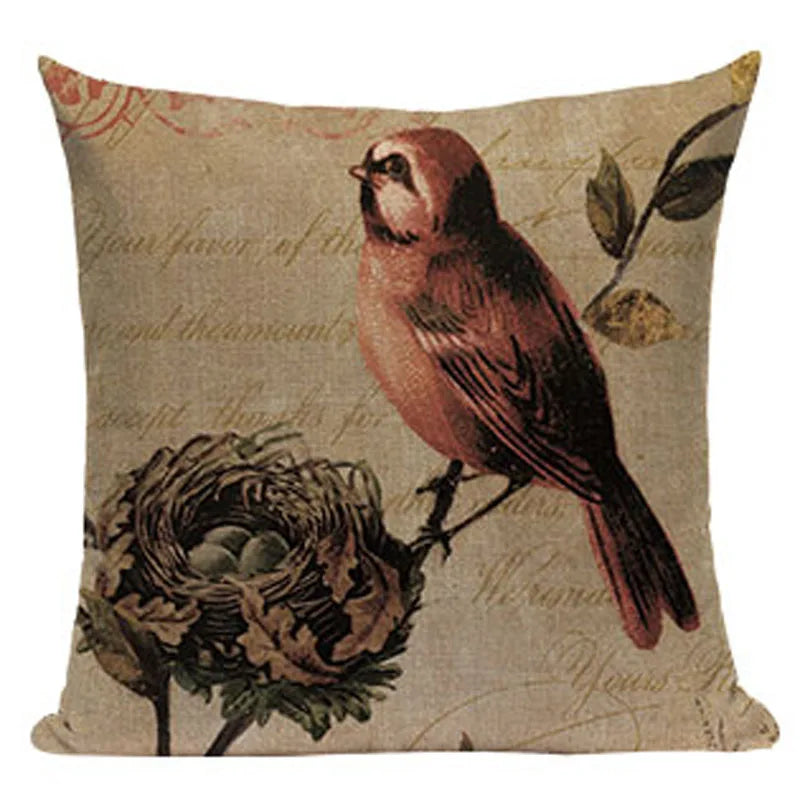 Axyaa Retro Bird Text Flower Cotton Linen Cushion Cover