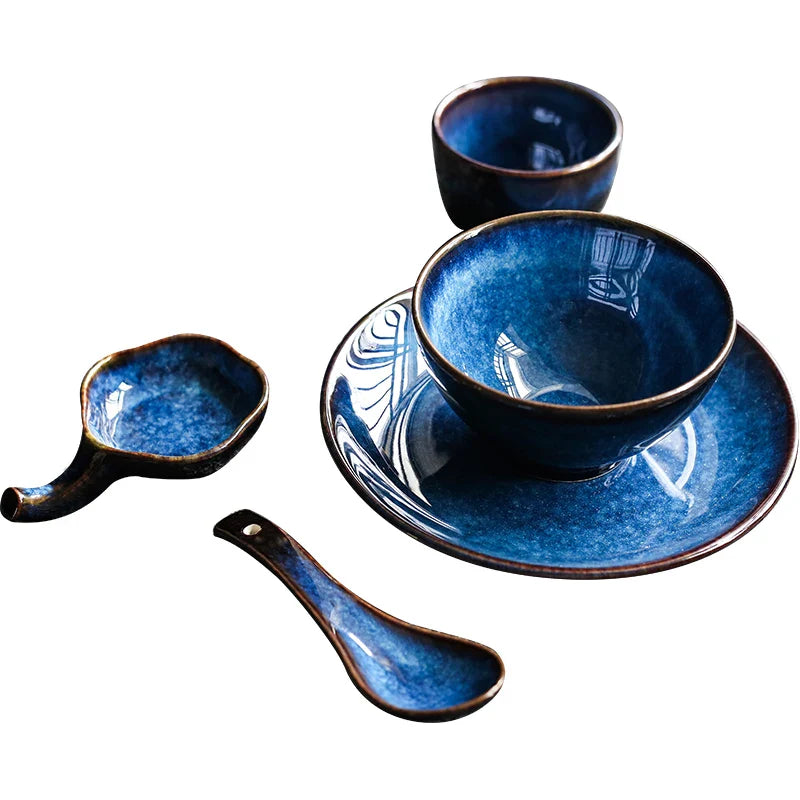 Axya European Blue Ceramic Dinner Set - 5pcs Plate, Bowl, Cup, Dish for 1 Person