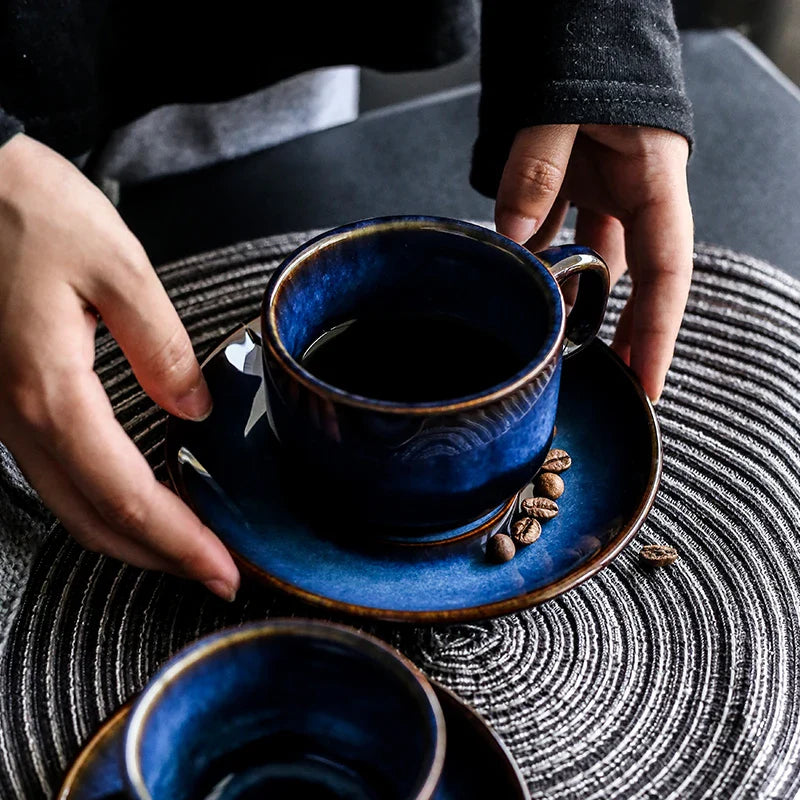 Axya Dim Blue Ceramic Coffee Cup and Saucer Set - Retro Tableware
