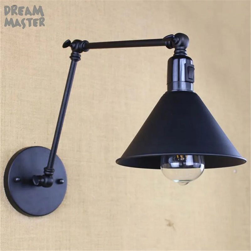 Axyaa Retro Swing Arm Industrial Wall Lamp Black On/Off Switch Sconce Iron