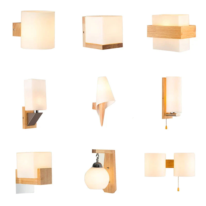 Nordic Glass Shade Sconce Wall Light by Axyaa - Wood Bedside Lamp E27