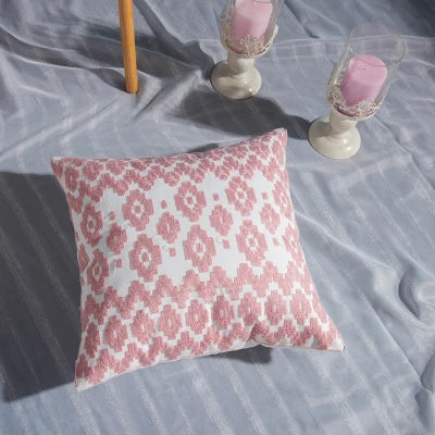 Pink Geometric Embroidered Cushion Cover by Axyaa - 45x45cm Cotton Pillow Case