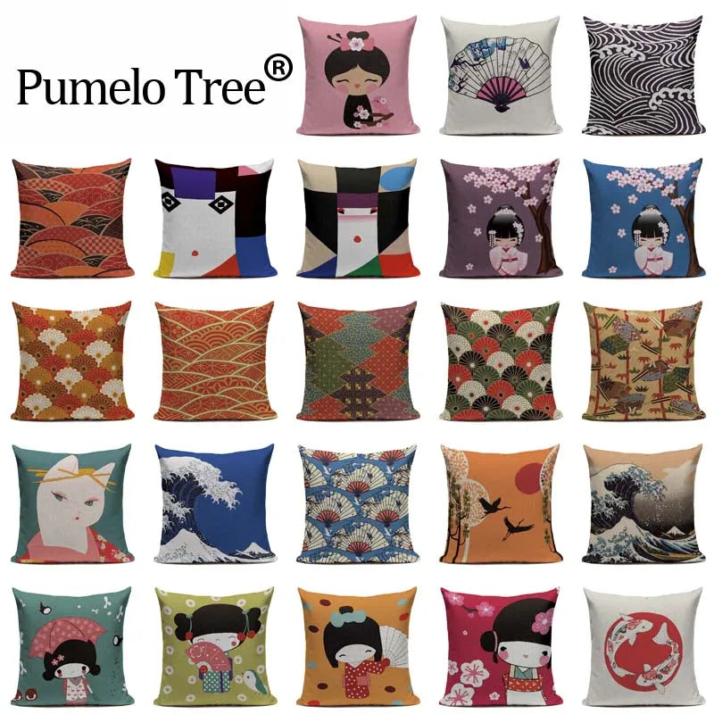 Axyaa Japanese Print Linen Cushion Covers - Fuji Kimono Girl Sea Theme
