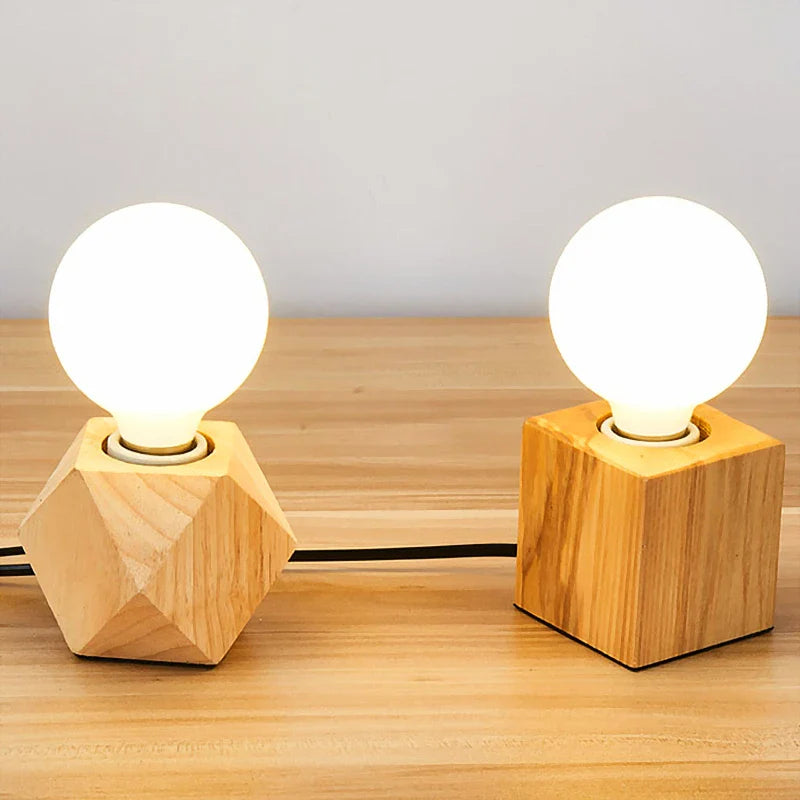 Solid Wood Polyhedron Table Lamp for Living Room Bedroom, Axya Branded Mini Desk Bedside Light