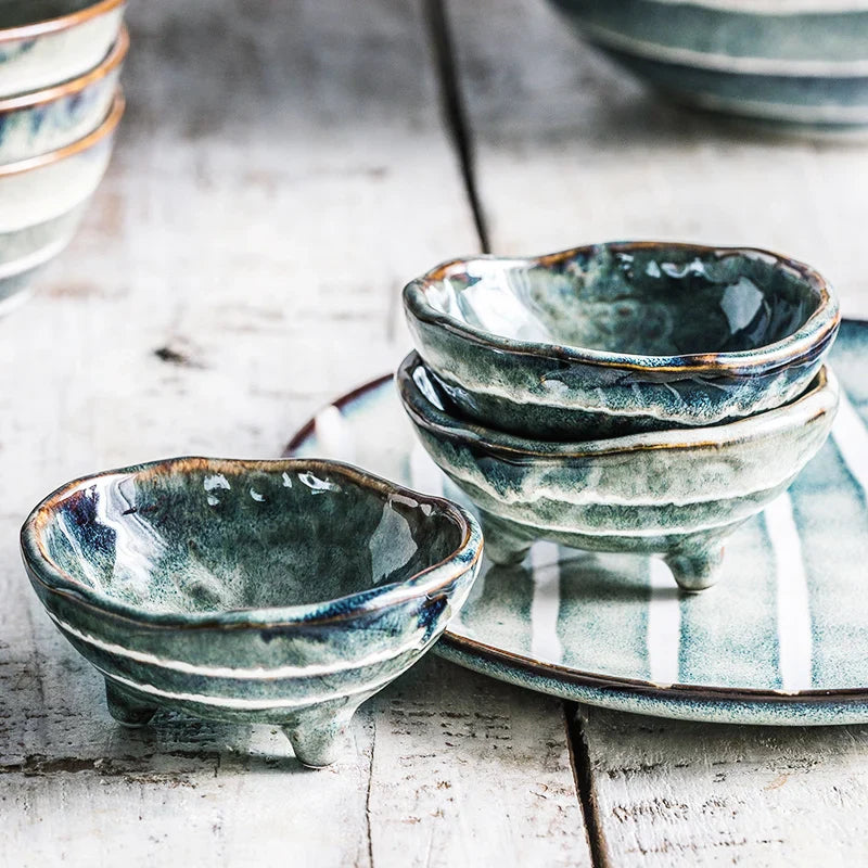Axya Ceramic Hot Pot Sauce Dish Bowl - Japanese Style Striped Seasoning Bowl.