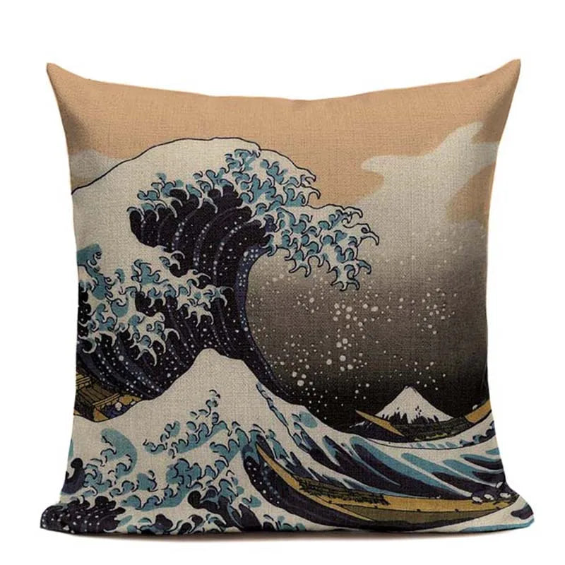 Axyaa Japanese Print Linen Cushion Covers - Fuji Kimono Girl Sea Theme