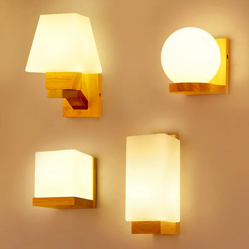 Axya Nordic Wood LED Wall Sconce Glass Lamp for Modern Loft Bedroom Decor