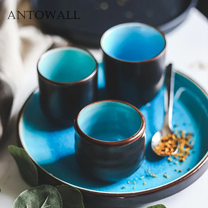 Axya Blue Ice Cracked Glaze Tea Set for Household, Retro Ceramic Straight Cup