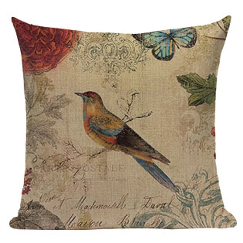 Axyaa Retro Bird Text Flower Cotton Linen Cushion Cover