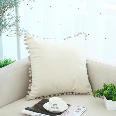 Axyaa Soft Velvet Pompom Ball Pillow Covers in Pink, Red, Blue, Ivory