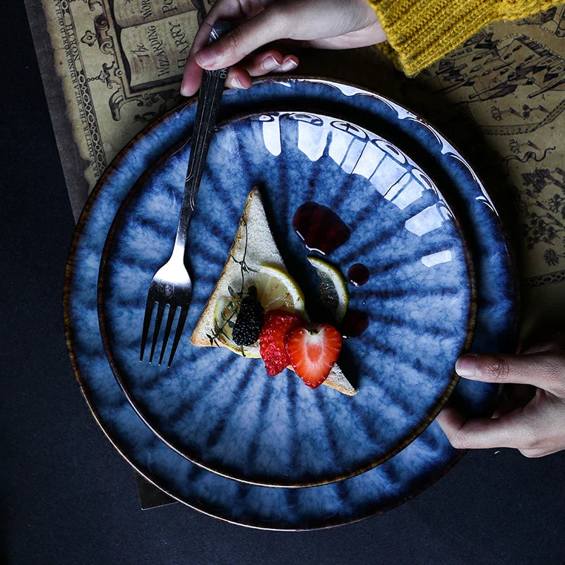 Axya Blue Ceramic Dinner Plate for Western Restaurant Use