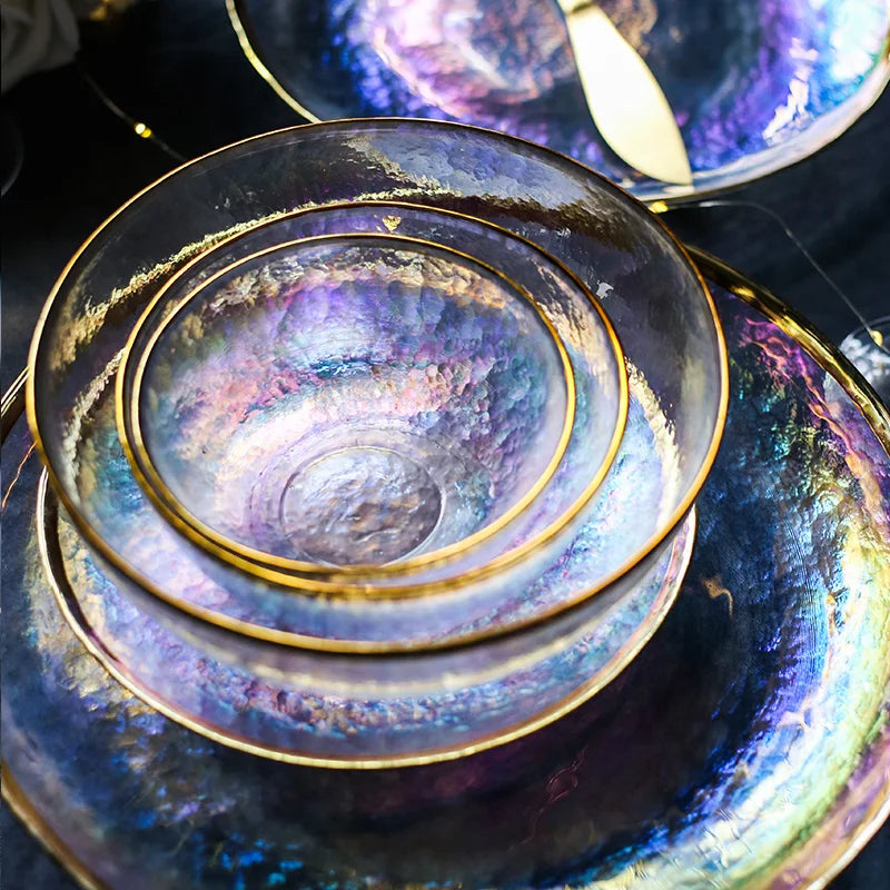 Axya Gold Hammer Grain Glass Bowl Dish Salad Fruit Plate - Dazzle Color Glass