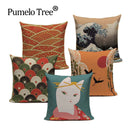 Axyaa Japanese Print Linen Cushion Covers - Fuji Kimono Girl Sea Theme