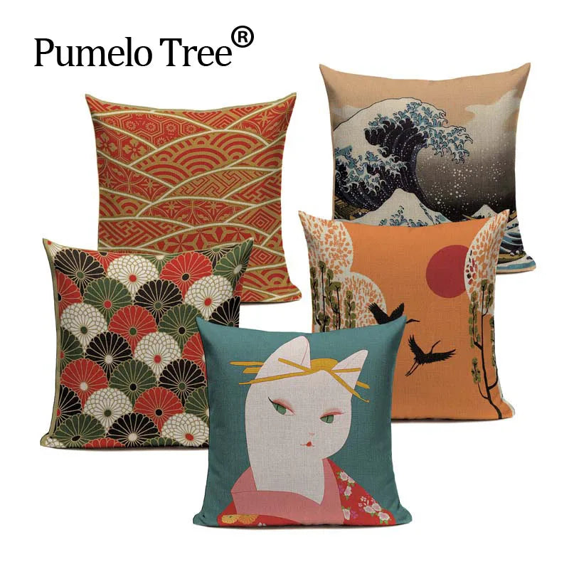 Axyaa Japanese Print Linen Cushion Covers - Fuji Kimono Girl Sea Theme