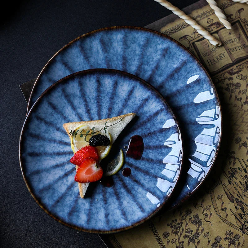 Axya Blue Ceramic Dinner Plate for Western Restaurant Use