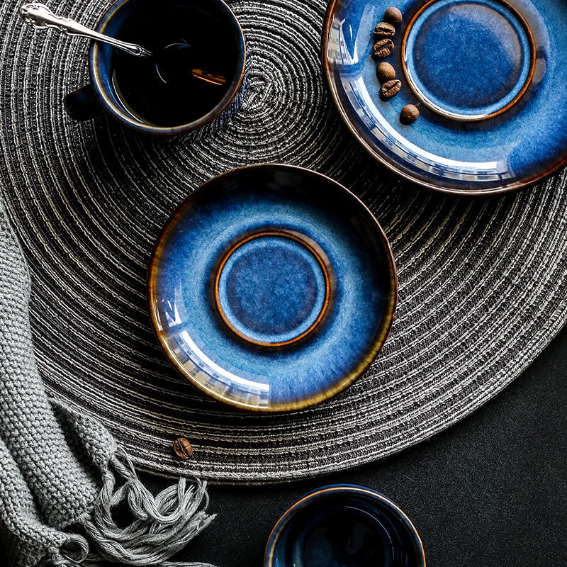 Axya Dim Blue Ceramic Coffee Cup and Saucer Set - Retro Tableware