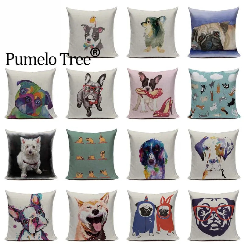Animal Dog Cushion Cover French Bulldog Pug Pillowcase Woven Linen Decor Home Axyaa