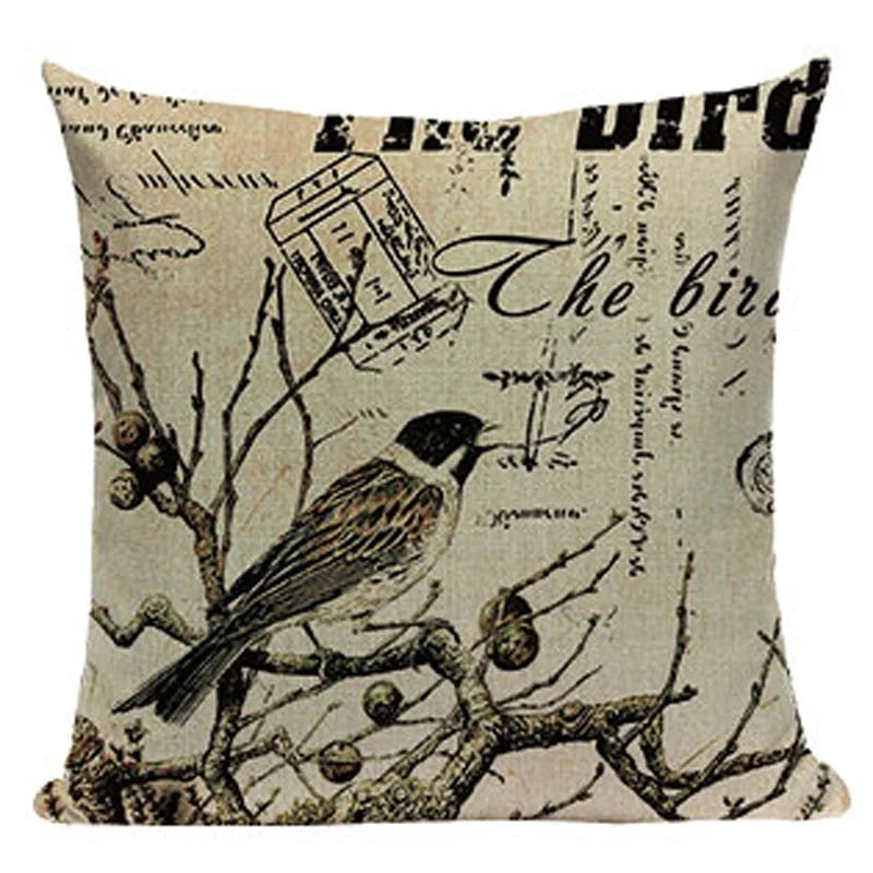 Axyaa Retro Bird Text Flower Cotton Linen Cushion Cover