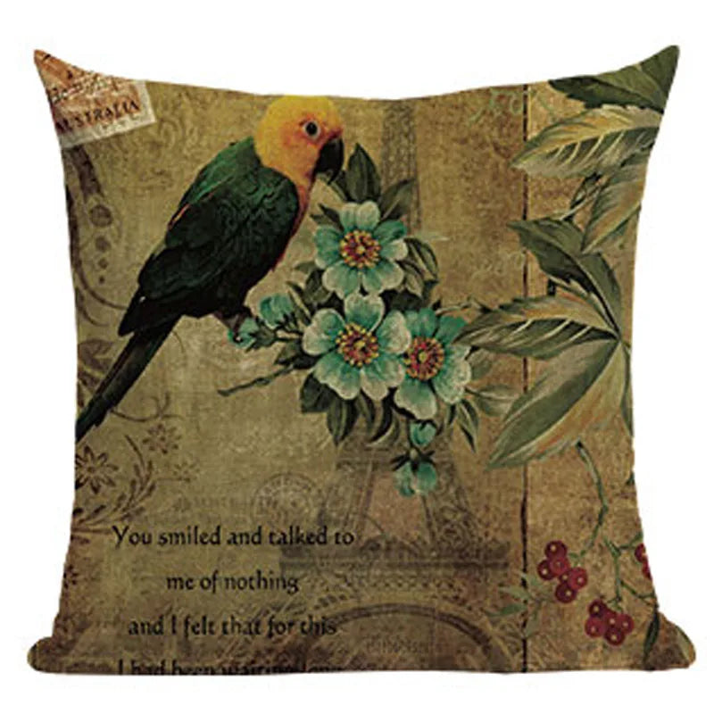 Axyaa Retro Bird Text Flower Cotton Linen Cushion Cover