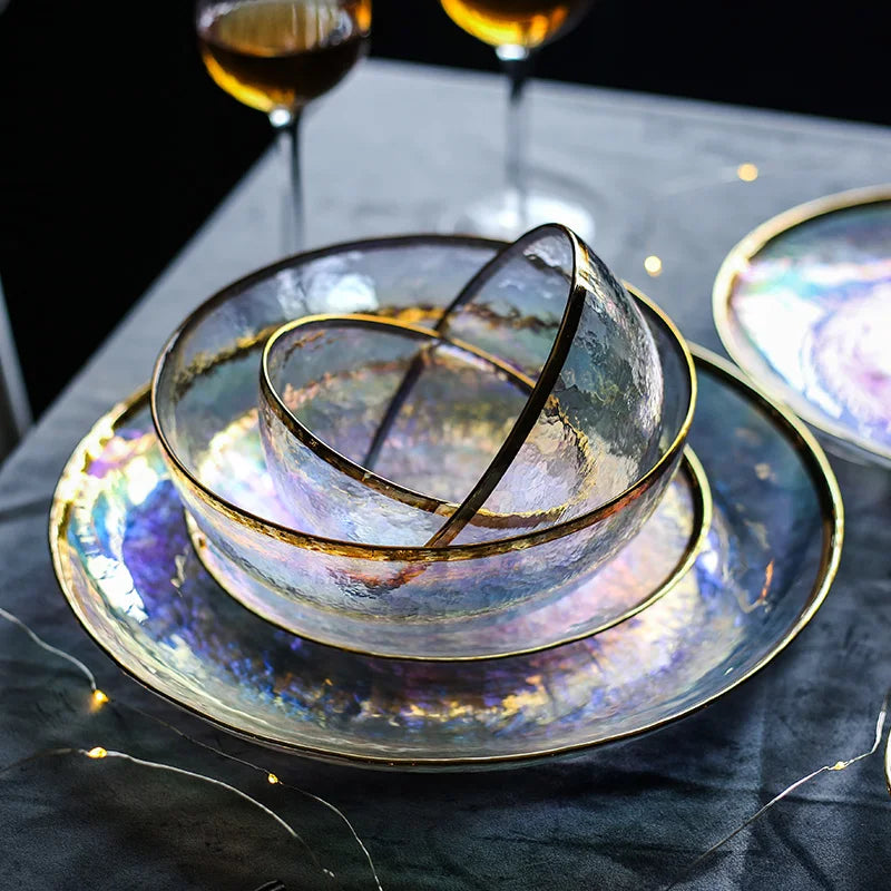 Axya Gold Hammer Grain Glass Bowl Dish Salad Fruit Plate - Dazzle Color Glass