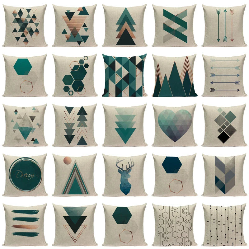 Axyaa Farmhouse Geometric Cushion Covers in Green and White