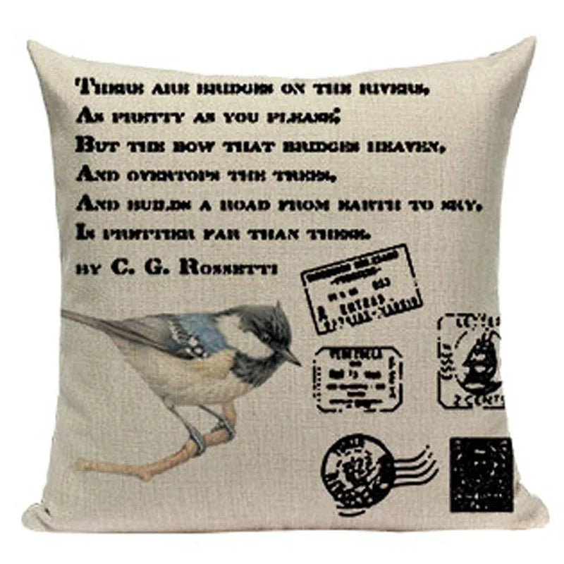 Axyaa Retro Bird Text Flower Cotton Linen Cushion Cover