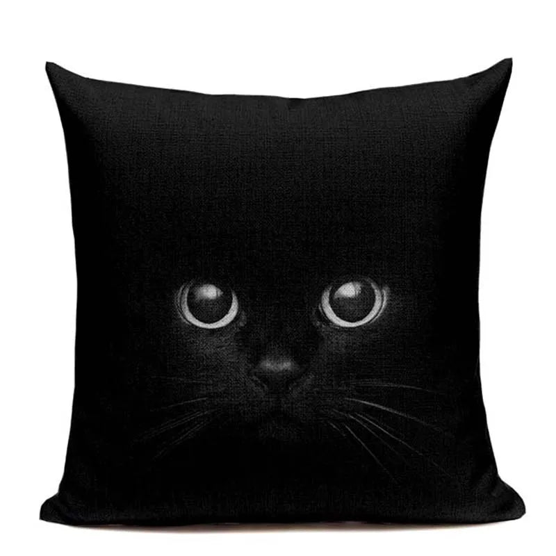 Axyaa Cute Cat Hand-Painted Linen Pillow Cover Black White Yellow