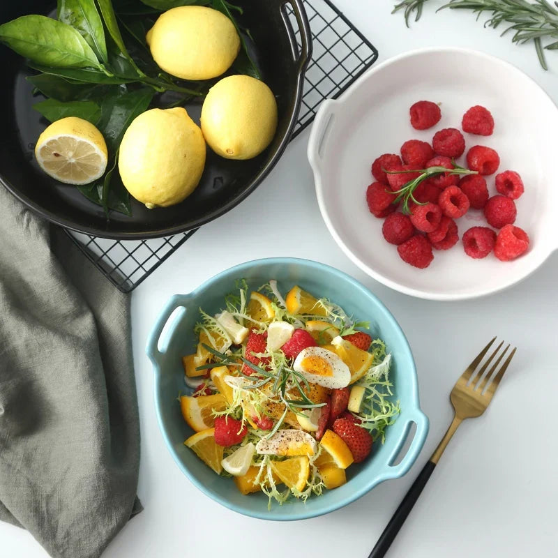 Axya Ceramic Fruit Plate Salad Deep Dish with Handle - Nordic Style Tableware