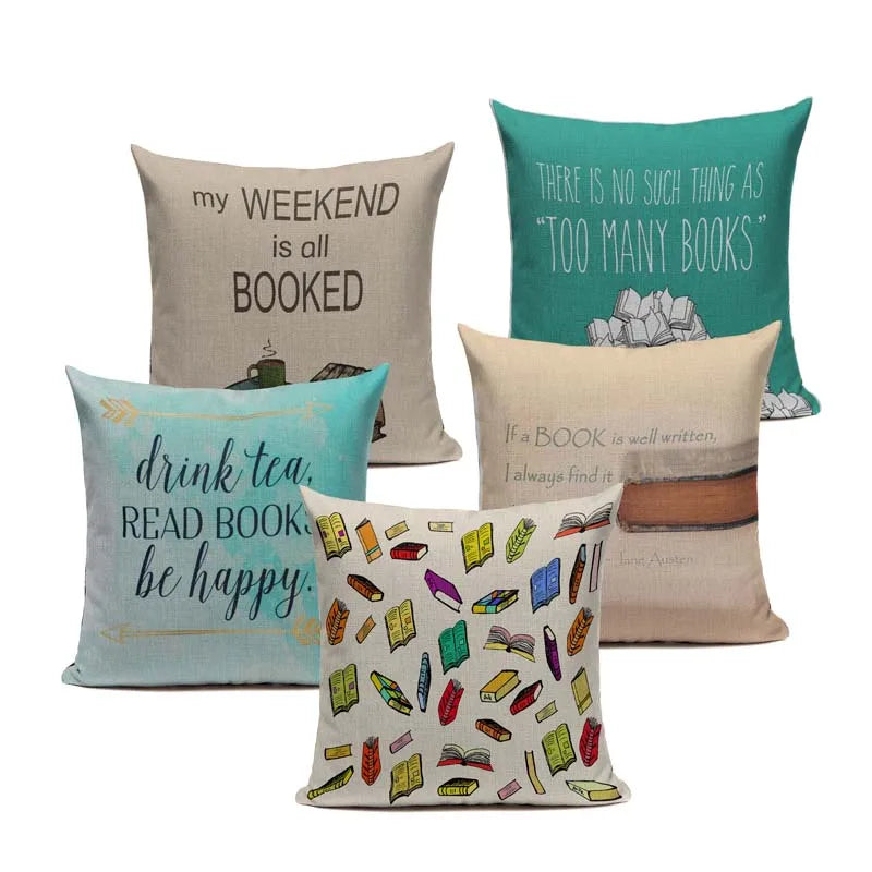 Axyaa Custom Linen Pillowcase for Home Sofa Decor - Cat Happy Reading Book Cover