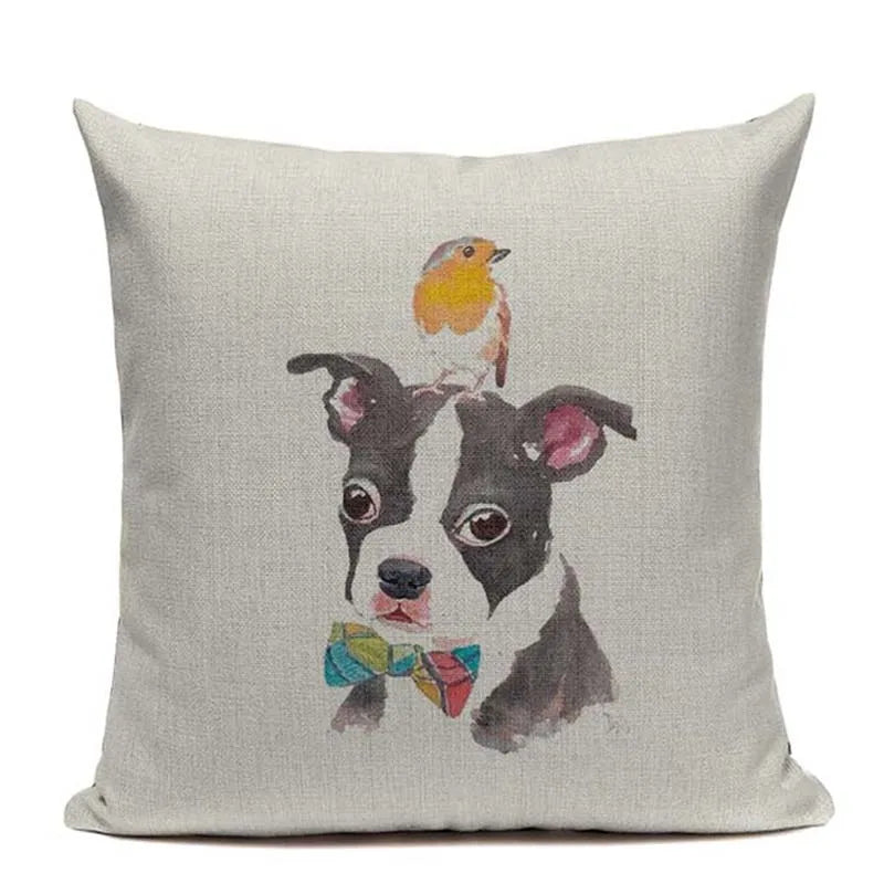 Animal Dog Cushion Cover French Bulldog Pug Pillowcase Woven Linen Decor Home Axyaa