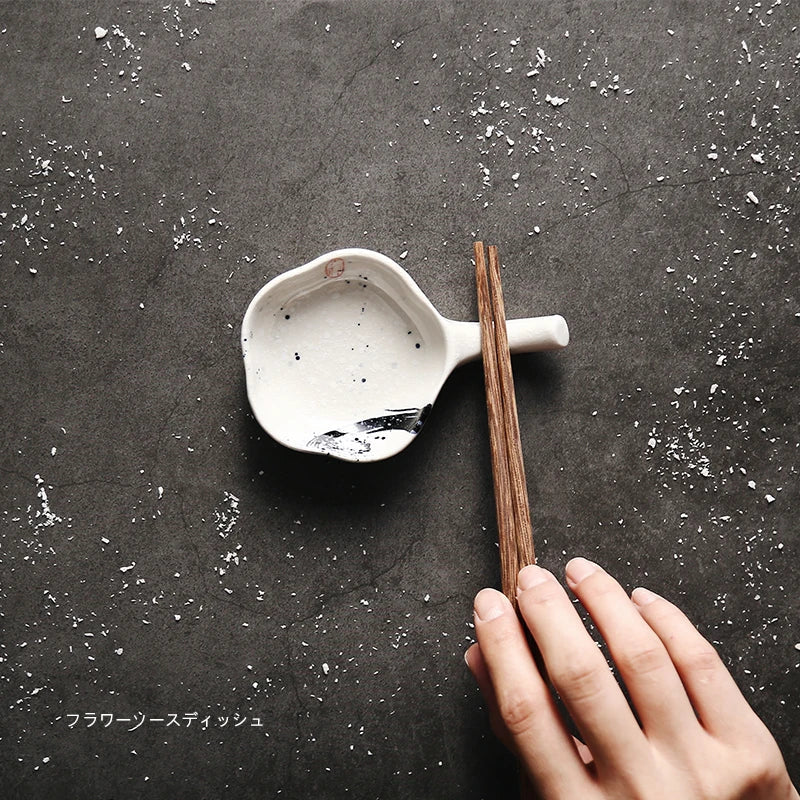 Axya Retro Small Dish Set for Sauces & Chopsticks - Japanese Ceramic Mini Holder