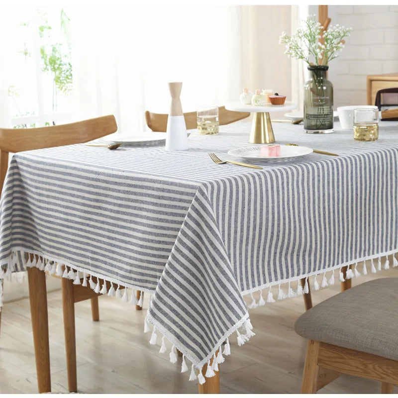 Axya Striped Cotton Linen Tablecloth with Tassels - Quality Dining Table Cover